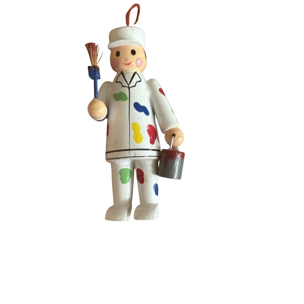 Hand-Painted Wooden Painter Ornament With Brush & Paint Can & Spatter